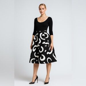 Gumuxi Abstract Print Structured Taffeta Knee Length Tea Skirt Black White Swirl